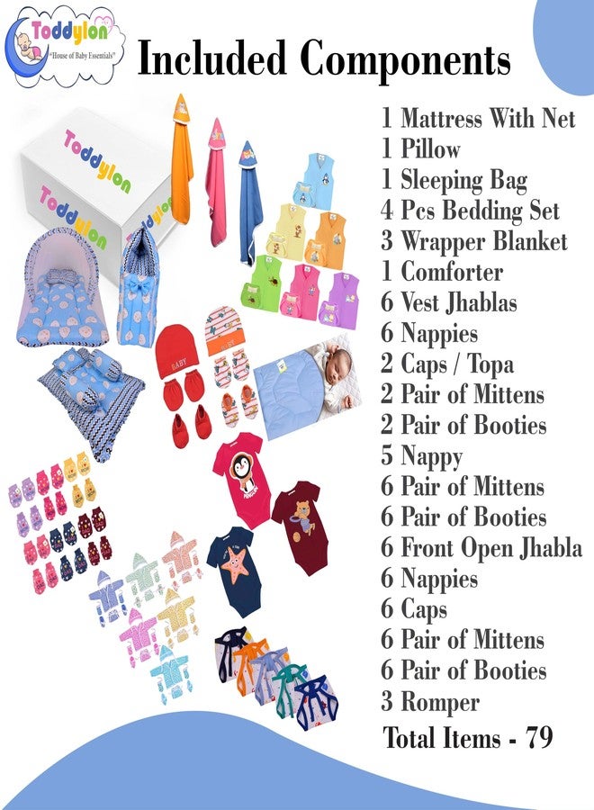 Toddylon 79 in 1 New Born Baby Products All Complete Daily Essentials Combo for Baby Boys & Baby Girls | Gift Packs | Bedding & Clothing | Hospital Kit | Baby Shower (0-6 Months) Blue - Image 3