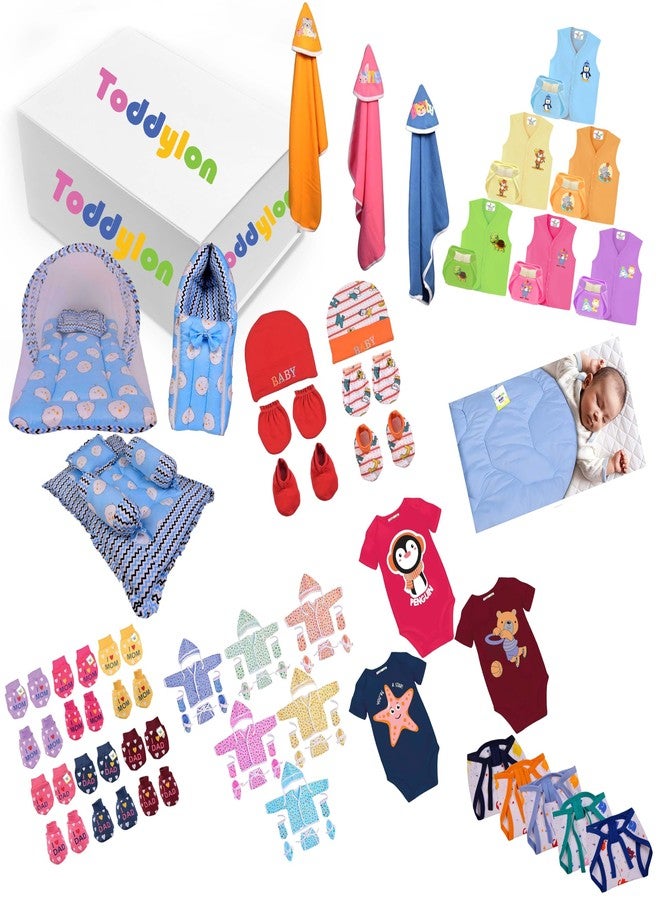 Toddylon 79 in 1 New Born Baby Products All Complete Daily Essentials Combo for Baby Boys & Baby Girls | Gift Packs | Bedding & Clothing | Hospital Kit | Baby Shower (0-6 Months) Blue - Image 1