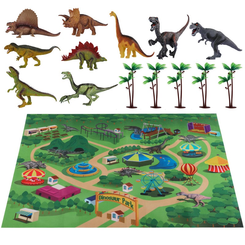 TEMI Dinosaur Toys for Kids 3-5, Jurassic Dinosaurs Figures with Play Mat and Trees to Create a Dinosaur World, Triceratops, Velociraptor, Gifts for Toddler Boys and Girls 3 4 5 6 7 - Image 1