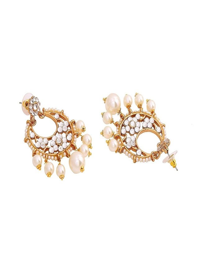 Estele 24Kt Gold Plated Chandelier Earrings for Women with Austrian Crystals & Glowing Pearls - Image 3