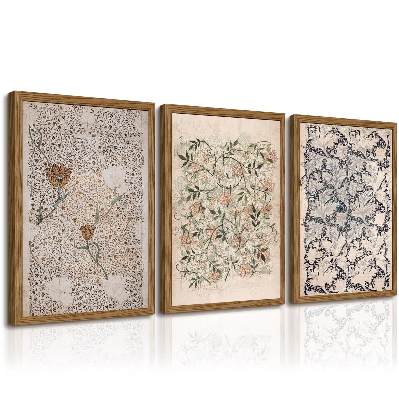 Tanmart فن الجدران العتيق ويليام مورس مزين بإطار ديكور بوهو زهور نباتية صور قماشية تجريدية مطبوعات زهور محايدة أعمال فنية عتيقة للمزرعة للرسم لغرفة المعيشة وغرفة النوم 12x16 بوصة مجموعة من 3 - Image 1