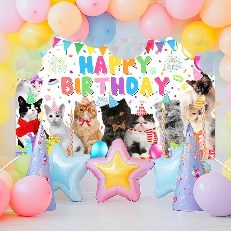 Avezano Cat Happy Birthday Backdrop Pet Cat Paw Theme Birthday Party Decorations Kitties Pet Themed Party Supplies 70.8 x 43.3 Inch - Image 2