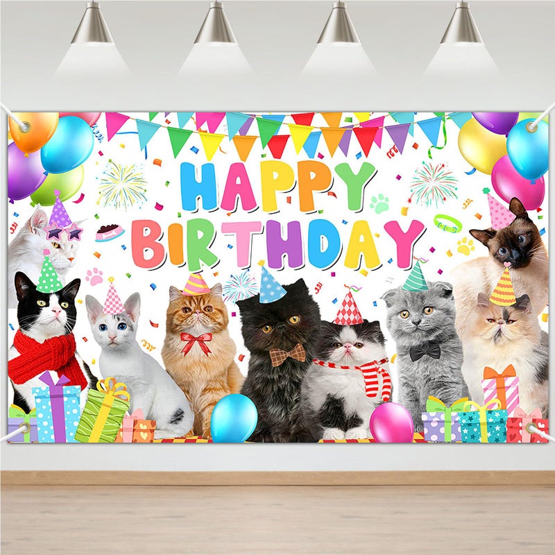 Avezano Cat Happy Birthday Backdrop Pet Cat Paw Theme Birthday Party Decorations Kitties Pet Themed Party Supplies 70.8 x 43.3 Inch - Image 1