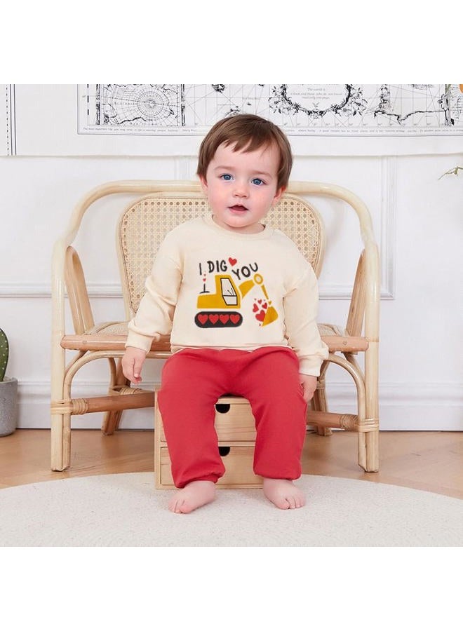 BeQeuewll Baby Boy Valentines Day Outfit Love Clothes Long Sleeve Truck Letter Sweatshirt Jogger Pants Outfits Winter Spring (Truck Dig Apricot, 4-5T) - Image 2