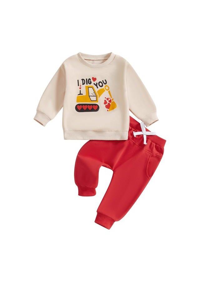 BeQeuewll Baby Boy Valentines Day Outfit Love Clothes Long Sleeve Truck Letter Sweatshirt Jogger Pants Outfits Winter Spring (Truck Dig Apricot, 4-5T) - Image 1