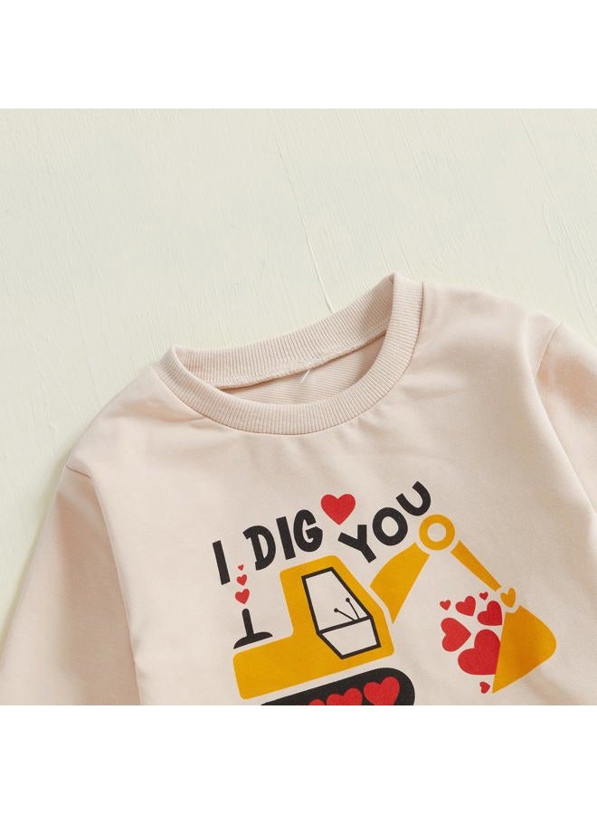 BeQeuewll Baby Boy Valentines Day Outfit Love Clothes Long Sleeve Truck Letter Sweatshirt Jogger Pants Outfits Winter Spring (Truck Dig Apricot, 4-5T) - Image 4