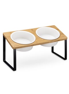 Navaris Dog Bowls With Stand  Large Double Stoneware Food Bowl Set For Dogs With Elevated Holder Made Of Bamboo And Metal  32 Oz (950 Ml) Capacity  - Image 1