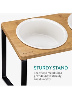 Navaris Dog Bowls With Stand  Large Double Stoneware Food Bowl Set For Dogs With Elevated Holder Made Of Bamboo And Metal  32 Oz (950 Ml) Capacity  - Image 3