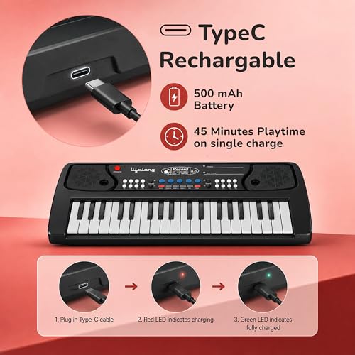 Lifelong Wireless Rechargeable Piano Keyboard for Baby & Kids with Mic, Single Speaker, 37 Keys Portable Keyboard Piano, Type C Charging, Long Battery Life Musical Keyboard Gift for 2-8 Yrs (LLCKMP03) - Image 2