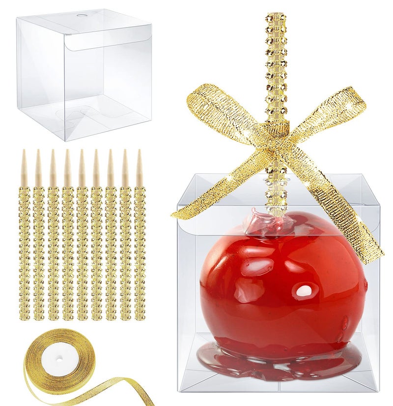 MGWOTH Candy Apple Boxes with Bling Stick Hole Set,20 Pack Caramel Apple Wrapping Kit with Clear Containers & Rhinestone Bamboo Skewers & Glitter Ribbons,Top for Cake Pop Chocolate Treat - Image 1