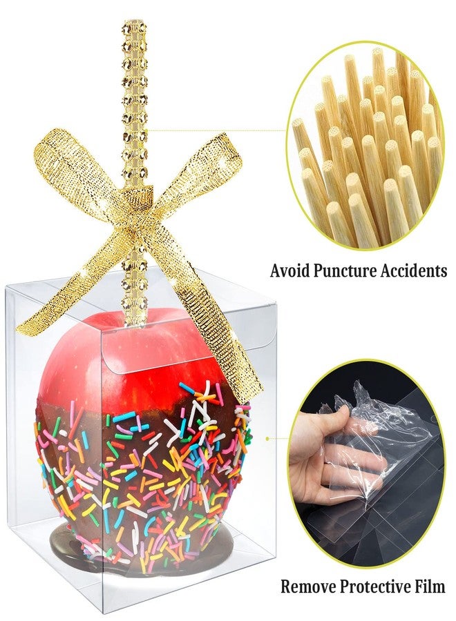 MGWOTH Candy Apple Boxes with Bling Stick Hole Set,20 Pack Caramel Apple Wrapping Kit with Clear Containers & Rhinestone Bamboo Skewers & Glitter Ribbons,Top for Cake Pop Chocolate Treat - Image 2