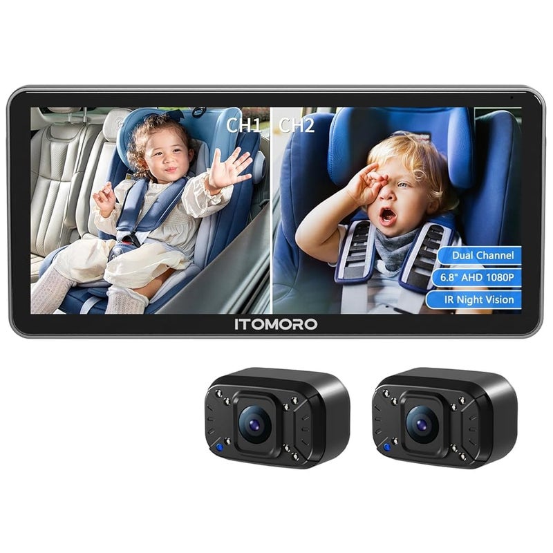 Itomoro Baby Car Camera DualChannel 68 inch HD 1080P Display with 2 IR Night Vision Easily Install Car Camera for Baby with Crystal Clear Wide View for Rear Facing Seat
