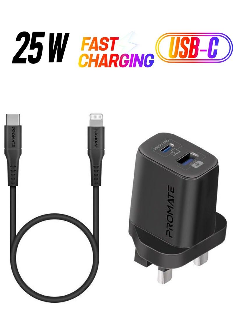 بروميت شاحن تيار متردد مزدوج المنفذ 25 وات مع كابل من النوع C إلى Lightning بطول 1.2 متر - Image 1