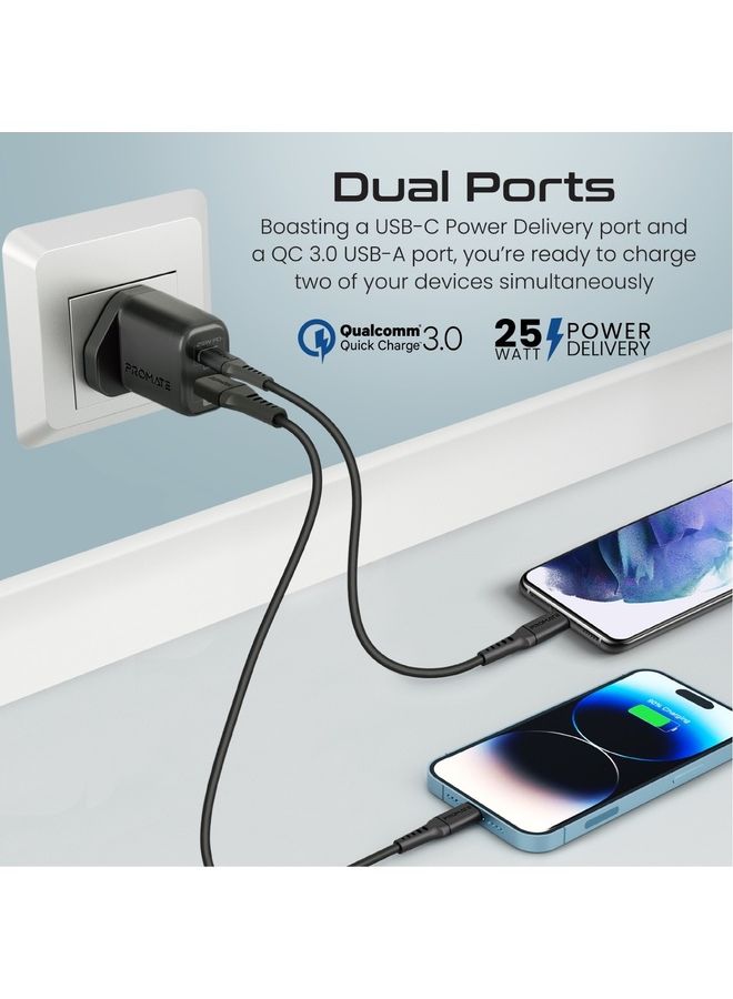 بروميت شاحن تيار متردد مزدوج المنفذ 25 وات مع كابل من النوع C إلى Lightning بطول 1.2 متر - Image 3