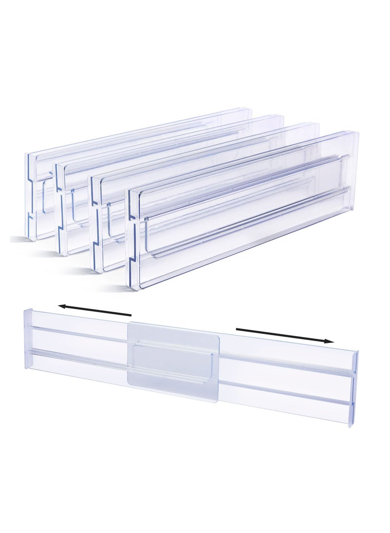 KASTWAVE Drawer Dividers Organizers 4 Pack,Adjustable 3.2" High Expandable from 12.2-21.7" Kitchen Organizer, Clear Plastic Drawers Separators for Clothing, Utensils and Office Storage - Image 1