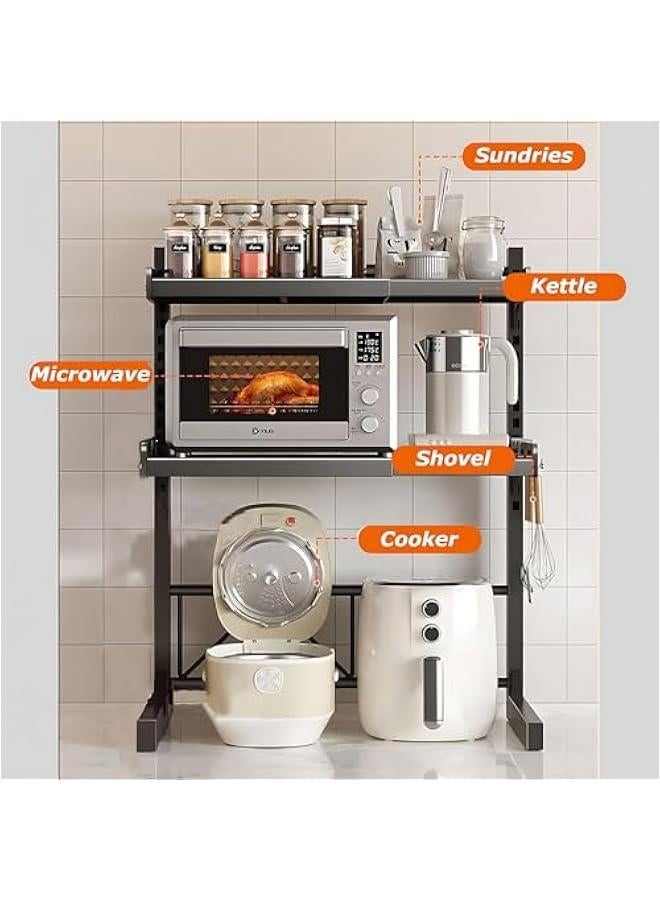 HOOKOR Durku Retractable Adjustable Microwave Stand,Kitchen Organizer,Expandable and Height Adjustable 3 Tier Carbon Steel Shelf Counter Countertop with 4 Clip Hooks,Adjustable Width 40-60cm - Image 5