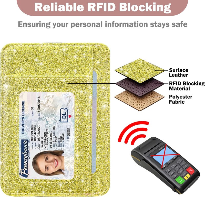 Hot Cool Card Holder Wallet Front Pocket Minimalist Travel Cute Funny Thin Leather With RFID Blocking Small Credit Card Holder Wallet for Men & Women Girls Organizer Gifts, Glitter Gold - Image 5