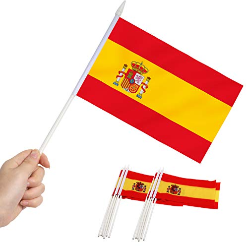 Anley Spain Mini Flag 12 Pack - Hand Held Small Miniature Spanish Flags on Stick - Fade Resistant & Vivid Colors - 5x8 Inch with Solid Pole & Spear Top - Image 1