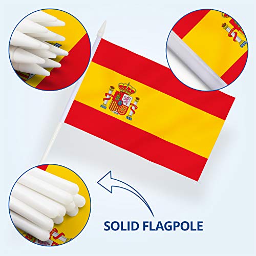 Anley Spain Mini Flag 12 Pack - Hand Held Small Miniature Spanish Flags on Stick - Fade Resistant & Vivid Colors - 5x8 Inch with Solid Pole & Spear Top - Image 5