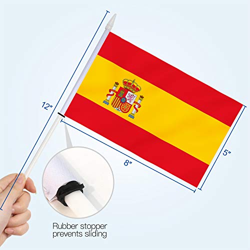 Anley Spain Mini Flag 12 Pack - Hand Held Small Miniature Spanish Flags on Stick - Fade Resistant & Vivid Colors - 5x8 Inch with Solid Pole & Spear Top - Image 4