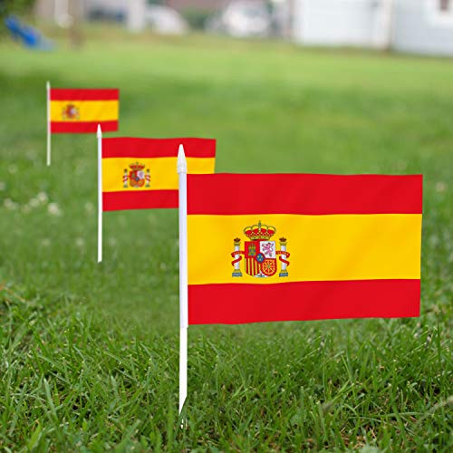 Anley Spain Mini Flag 12 Pack - Hand Held Small Miniature Spanish Flags on Stick - Fade Resistant & Vivid Colors - 5x8 Inch with Solid Pole & Spear Top - Image 3