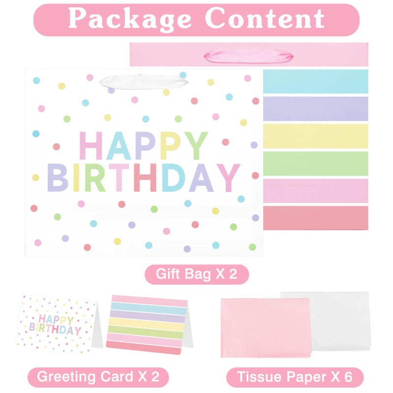 Laidans 2-Pack 13" Large Happy Birthday Gift Bags Party with Tissue Paper, Cards for Girls Women Birthday Party Favors Wrap - Image 3