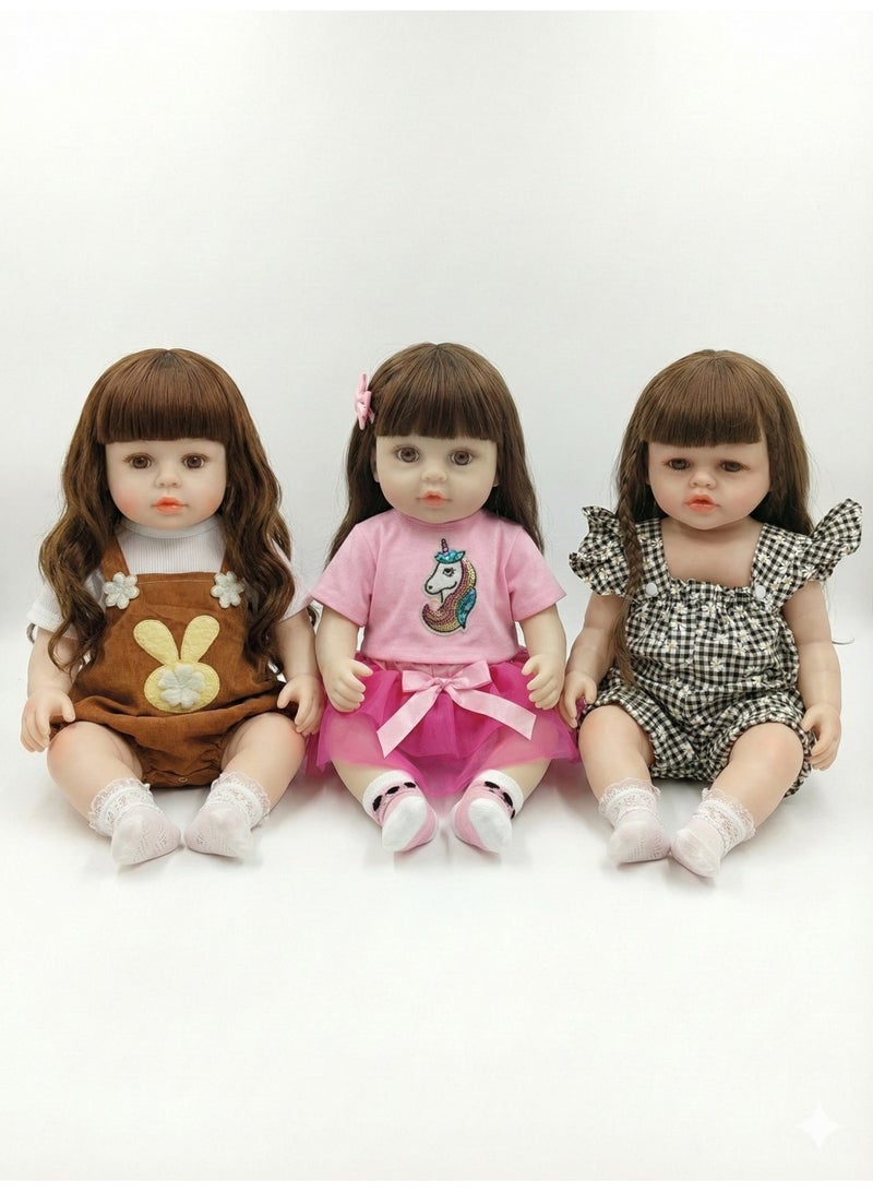 REZZOSS Baby Doll for Girls 3-Pack Realistic Reborn Soft Dolls for Girls – Soft Vinyl Silicone Toddler Toys with Long Silky Hair & Fashionable Outfits | Lifelike Newborn Girl Gift Set | Bunny, Unicorn & Checkered Clothes Collection | 18-Inch Posable Play Doll - Image 1