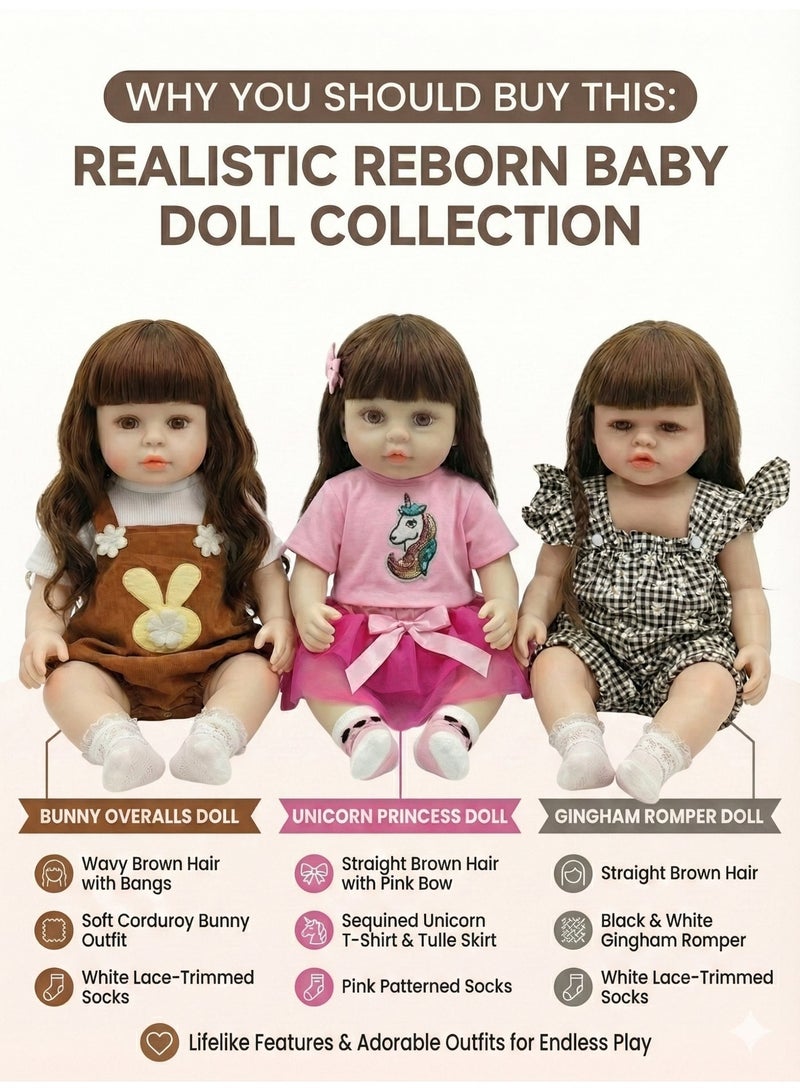 REZZOSS Baby Doll for Girls 3-Pack Realistic Reborn Soft Dolls for Girls – Soft Vinyl Silicone Toddler Toys with Long Silky Hair & Fashionable Outfits | Lifelike Newborn Girl Gift Set | Bunny, Unicorn & Checkered Clothes Collection | 18-Inch Posable Play Doll - Image 2
