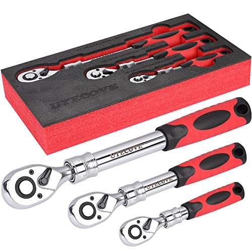 UYECOVE 3-Piece Extendable Ratchet Set, 1/4 3/8 1/2 Inch Extendable Socket Wrench, Ratchet Wrenches Set 72-Tooth Quick-Release, Soft Grip Handle with Storage Tray - Image 1