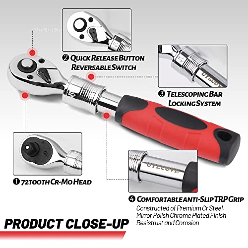 UYECOVE 3-Piece Extendable Ratchet Set, 1/4 3/8 1/2 Inch Extendable Socket Wrench, Ratchet Wrenches Set 72-Tooth Quick-Release, Soft Grip Handle with Storage Tray - Image 2