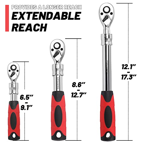 UYECOVE 3-Piece Extendable Ratchet Set, 1/4 3/8 1/2 Inch Extendable Socket Wrench, Ratchet Wrenches Set 72-Tooth Quick-Release, Soft Grip Handle with Storage Tray - Image 3