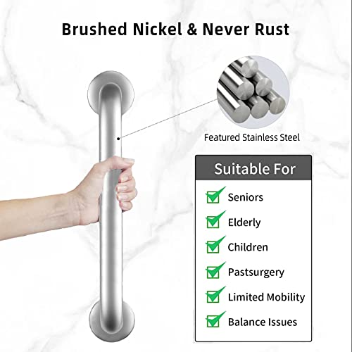 Supwish Shower Grab Bars Brushed Nickel 12" x 1 1/4", Stainless Steel Handicap Grab Bars for Bathroom Bathtub Toilet, Shower Handle Safety Bars Hand-Rail Support for Elderly Seniors Pregnant Children - Image 2