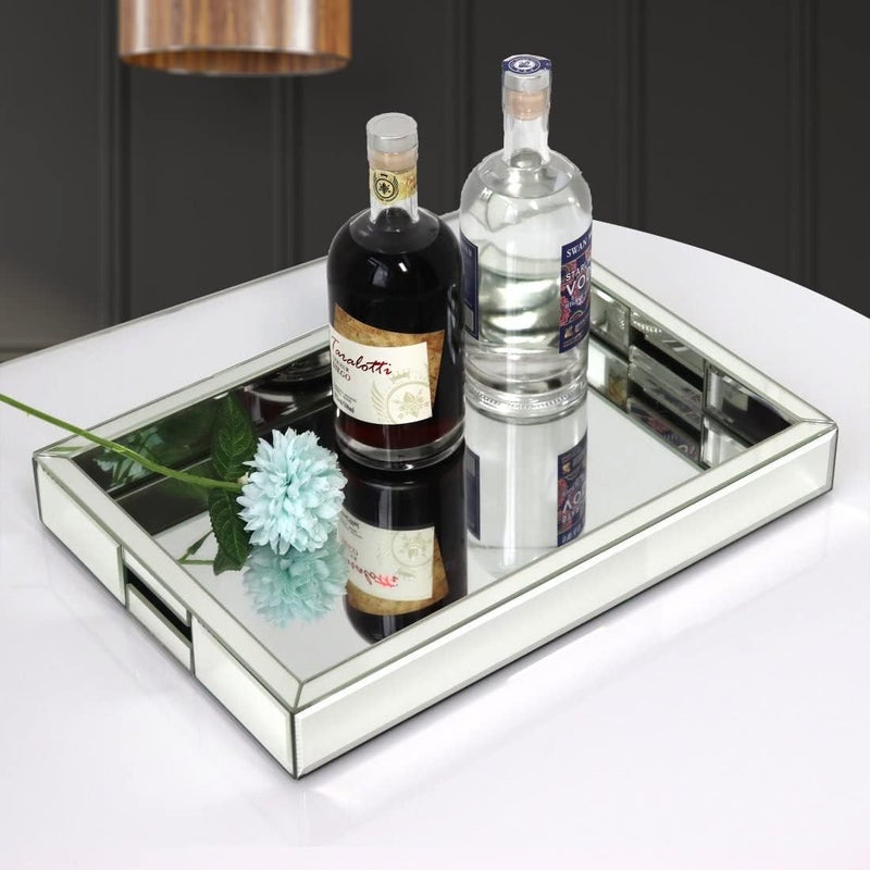 qmdecor Rectangle Silver Mirror Decorative Tray Size 11” Length x 14” Width x 2” Height, Mirrored Vanity Organizer with Hand, Markup Perfume Jewelry Tray for Bathroom Bedroom Dresser Coffee Table - Image 3