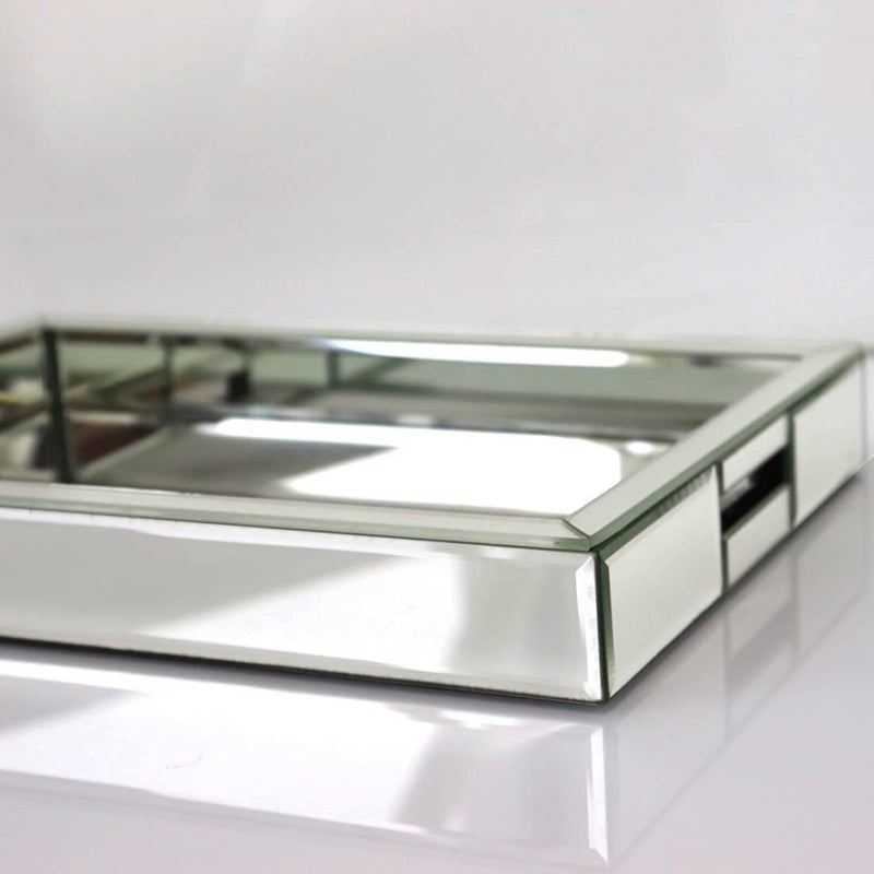 qmdecor Rectangle Silver Mirror Decorative Tray Size 11” Length x 14” Width x 2” Height, Mirrored Vanity Organizer with Hand, Markup Perfume Jewelry Tray for Bathroom Bedroom Dresser Coffee Table - Image 2