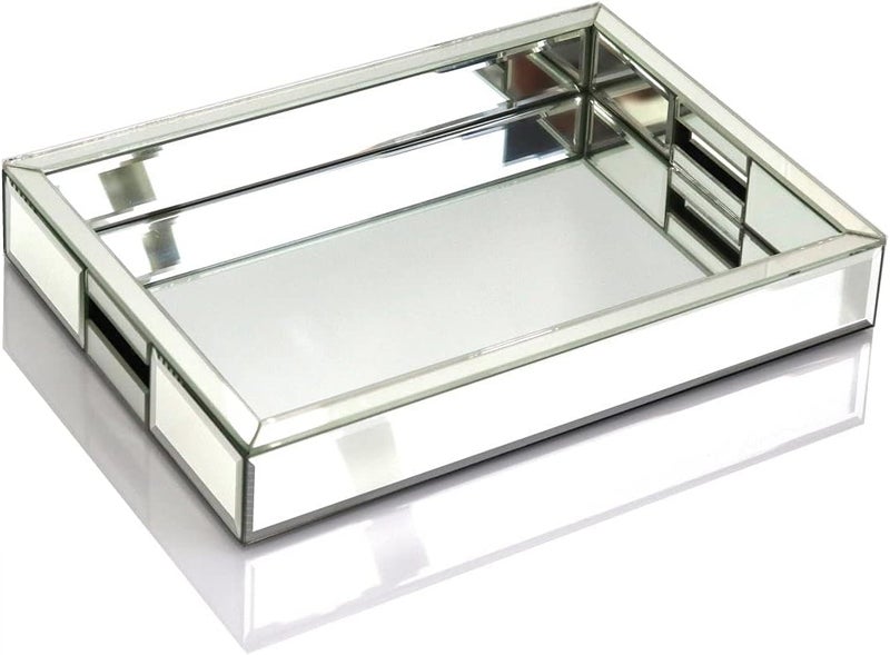 qmdecor Rectangle Silver Mirror Decorative Tray Size 11” Length x 14” Width x 2” Height, Mirrored Vanity Organizer with Hand, Markup Perfume Jewelry Tray for Bathroom Bedroom Dresser Coffee Table - Image 1
