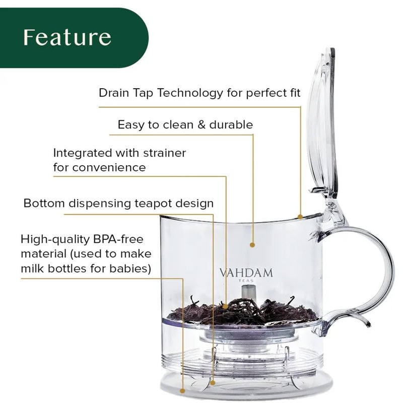 Vahdam غلاية شاي إمبريال مع مصفاة شاي وصانع شاي ذكي - خالية من BPA، تقنية صنبور التصريف | سهلة التحضير، سهلة التنظيف | تحضير أوراق الشاي السائبة - تصميم أنيق | 16 أونصة - Image 4