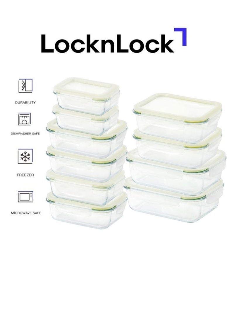 LocknLock طقم حاويات زجاجية مستطيلة آمنة للفرن من لوكن لوك - 10 قطع - محكمة الإغلاق، مقاومة للتسرب وحرارة عالية - Image 2