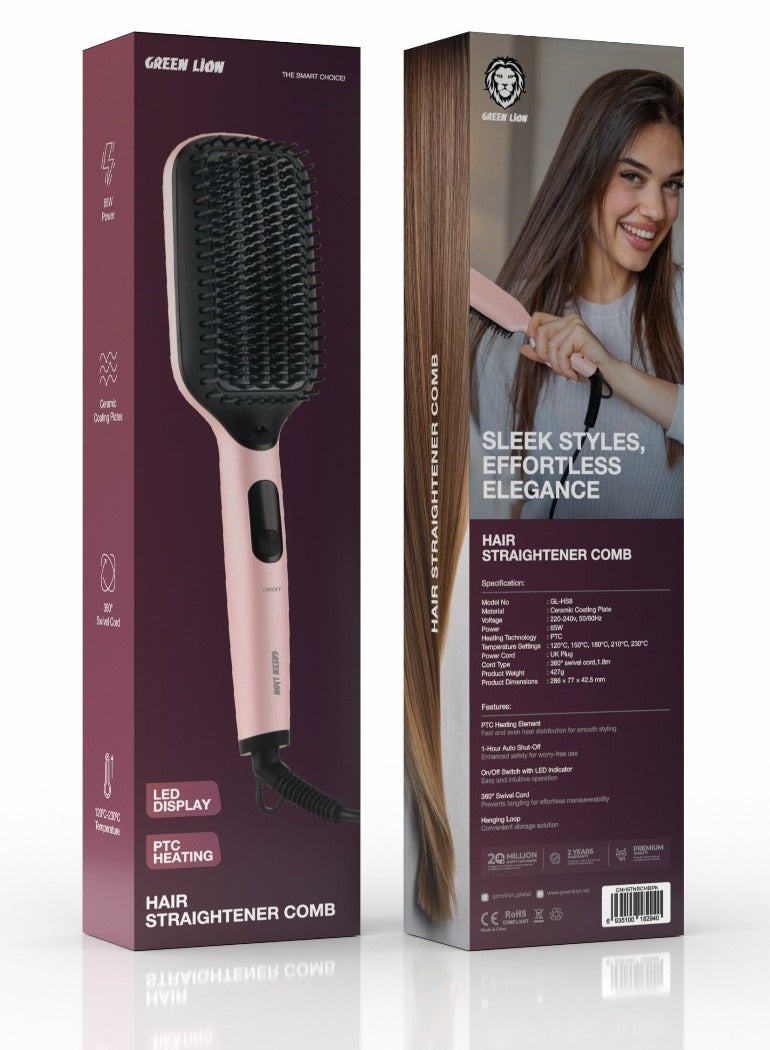 GREEN LION Straightener Comb / 360° Swivel Cord / Ceramic Coating Plates Material / 1 Hour Auto Off Mode / LED Display / PTC Heating Element / On/Off Switch / Hang up Loop / 1.8m Cord Length / UK Plug Power Cord - Pink  - Image 2
