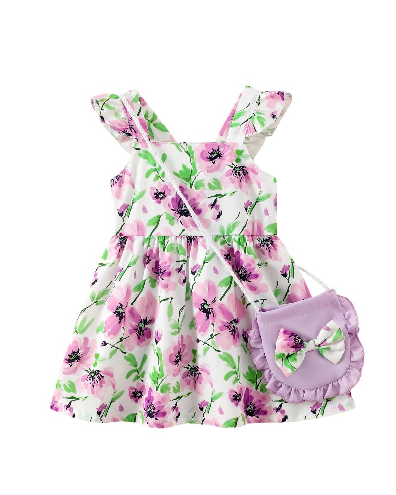 Mioglrie 18-24 Months Girl Clothes Baby Girls Dress Infant Summer Outfits Toddler Casual Ruffle Sleeve Purple Floral Sundress with Cute Bag - Image 1