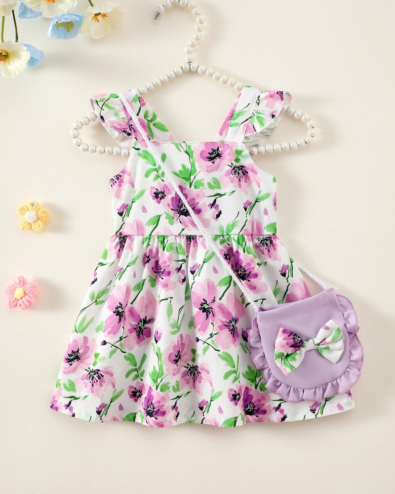 Mioglrie 18-24 Months Girl Clothes Baby Girls Dress Infant Summer Outfits Toddler Casual Ruffle Sleeve Purple Floral Sundress with Cute Bag - Image 2