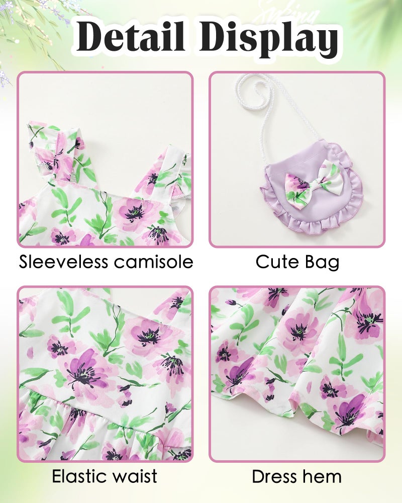 Mioglrie 18-24 Months Girl Clothes Baby Girls Dress Infant Summer Outfits Toddler Casual Ruffle Sleeve Purple Floral Sundress with Cute Bag - Image 4