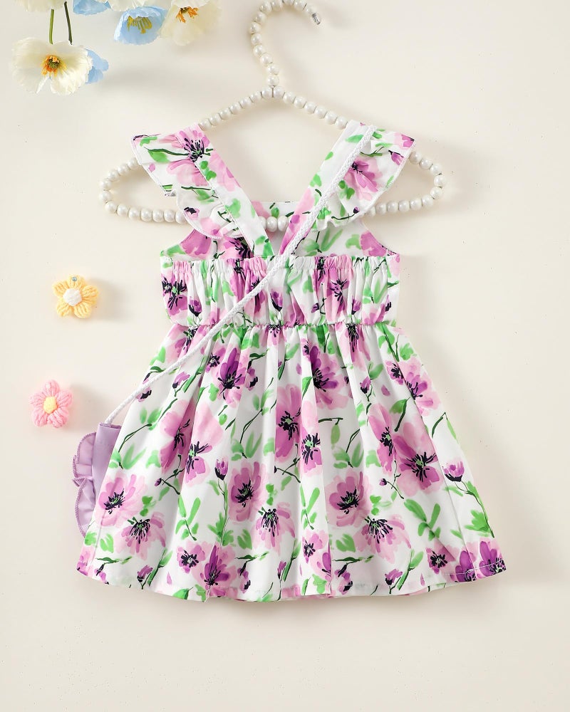 Mioglrie 18-24 Months Girl Clothes Baby Girls Dress Infant Summer Outfits Toddler Casual Ruffle Sleeve Purple Floral Sundress with Cute Bag - Image 3