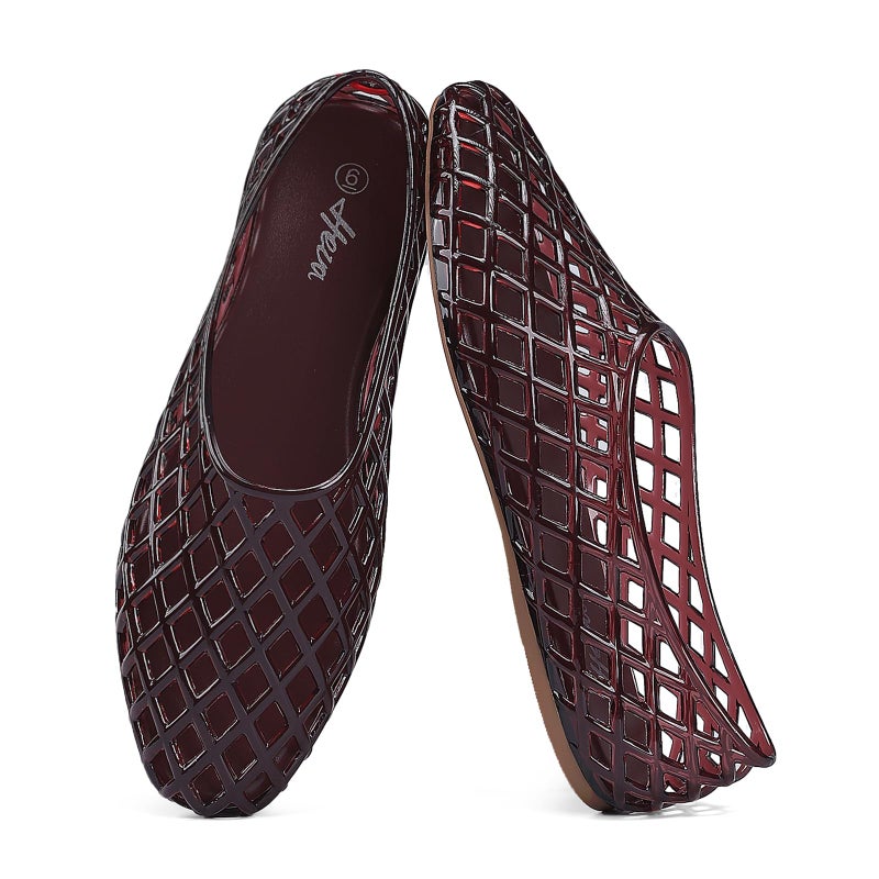 HEVA Women's Jelly Mesh Flats Breathable Clear Hollow Shoes Summer Beach Jellies Ballet Sandals(8 M US Wine Red) - Image 1