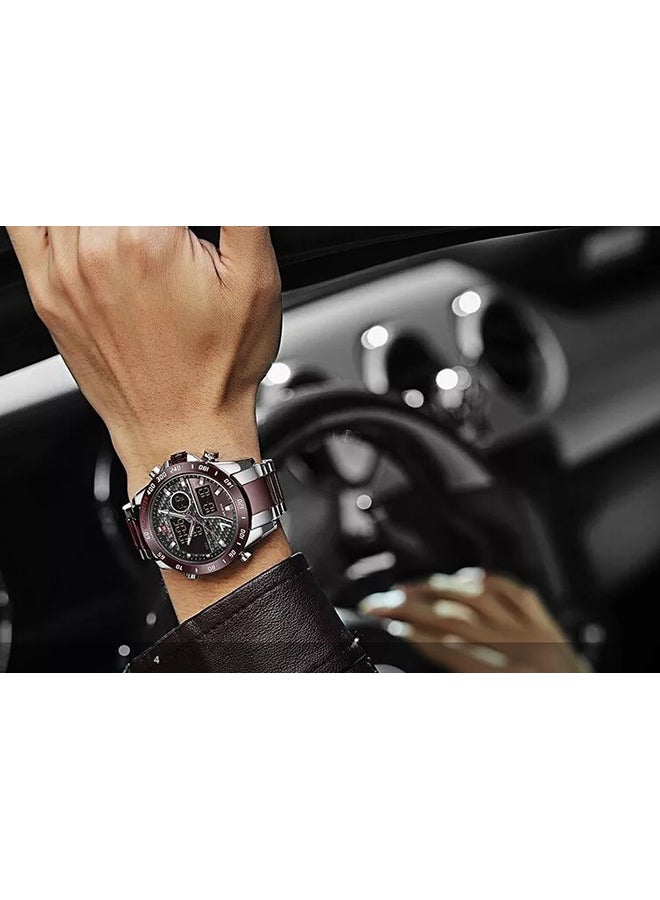 Alyashmac Men's Stainless Steel Analog  Digital Wrist Watch NF9171 S/CE/CE - 45 mm - Silver And Coffee - Image 5