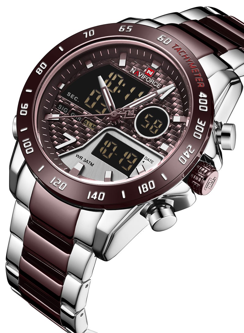 Alyashmac Men's Stainless Steel Analog  Digital Wrist Watch NF9171 S/CE/CE - 45 mm - Silver And Coffee - Image 2