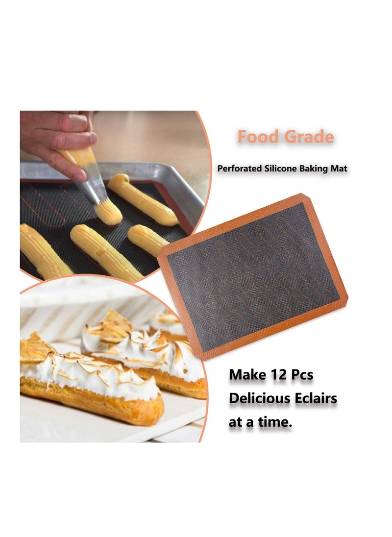 NIBEMINENT - Perforated Silicone Baking Mats, 2 PCS Eclair Mat for Half Sheet with 12 Printed Oblong Guides, Non-Stick Reusable Oven Liners Making Bread/Pizza/Pastry/Cookie 42*29.5cm - Image 1