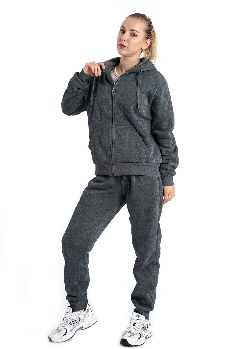 Facitisu Track Suits for Women Set Sherpa lined Casual 2 Piece Outfits Sweatsuit Dk.Grey Medium - Image 1