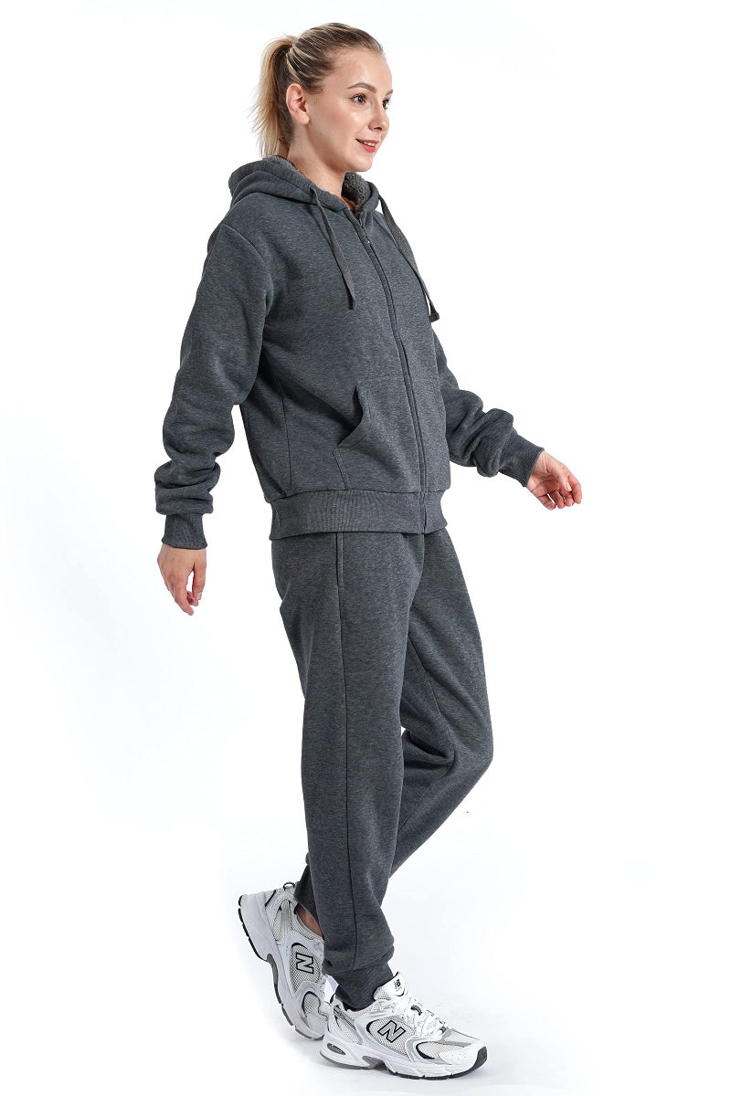 Facitisu Track Suits for Women Set Sherpa lined Casual 2 Piece Outfits Sweatsuit Dk.Grey Medium - Image 4