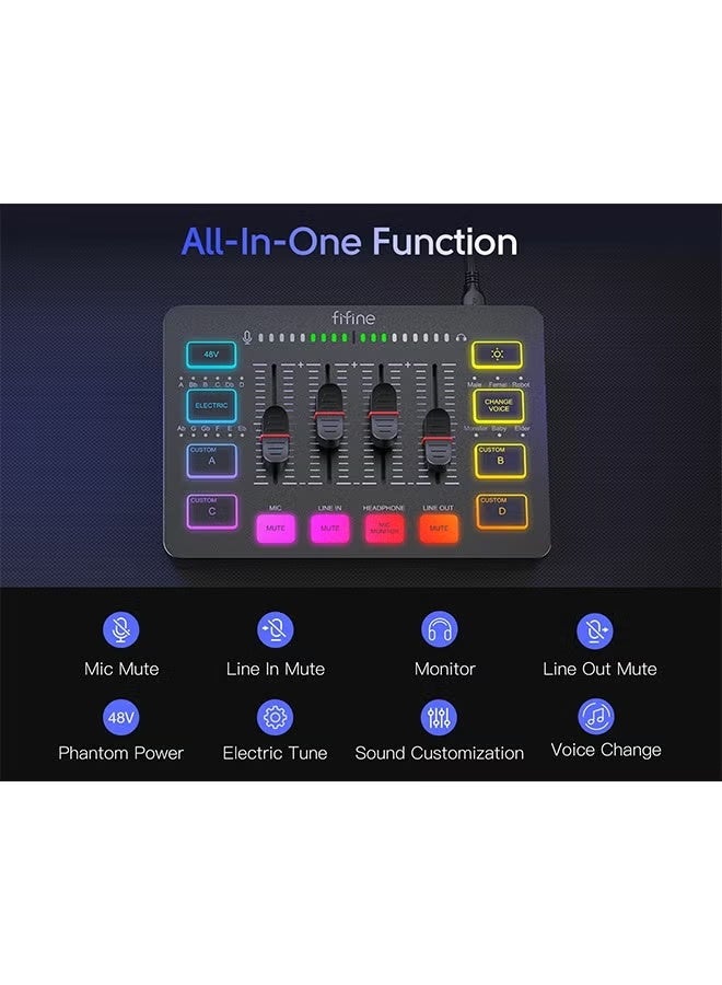 FIFINE Gaming Audio Mixer,Streaming 4-Channel RGB Mixer with XLR Microphone Interface,for Game Voice,Podcast,AmpliGame SC3 - Image 4