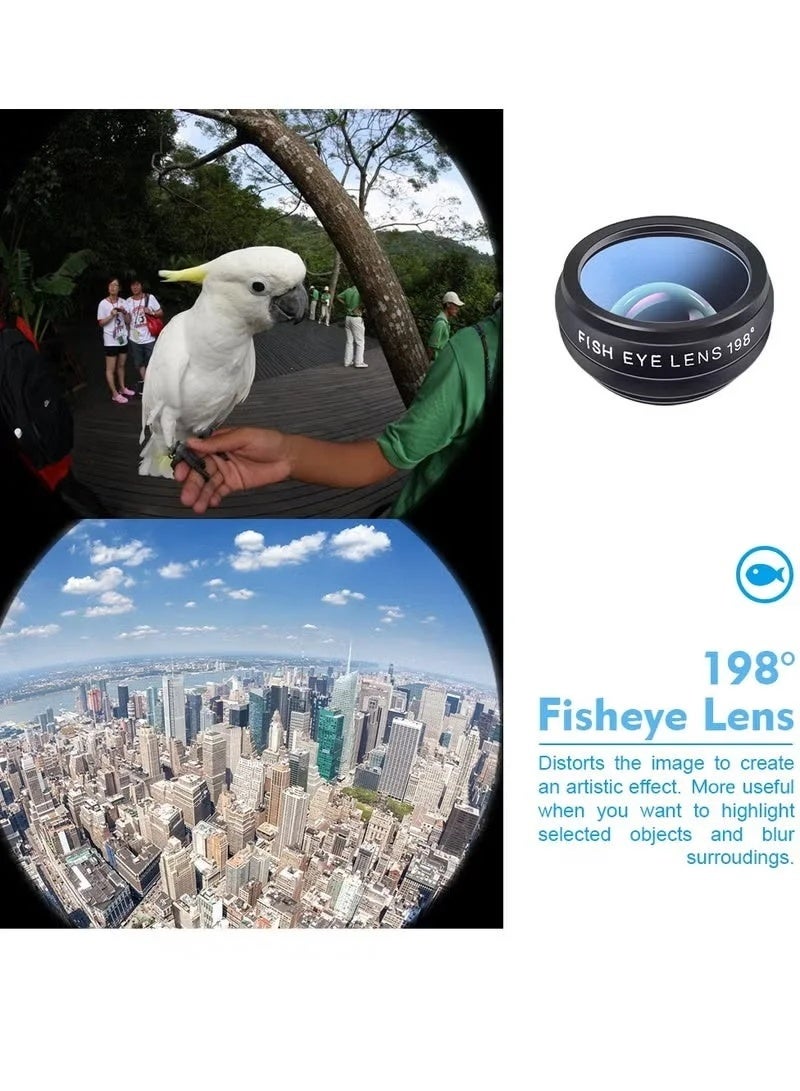 10-in-1 Phone Camera Lens Kit with 0.63X Wide Angle, 15X Macro, 198° Fisheye, 2X Telephoto, CPL, Star, Radial, Flow Filters & Kaleidoscope 3/6 Lenses - Image 5
